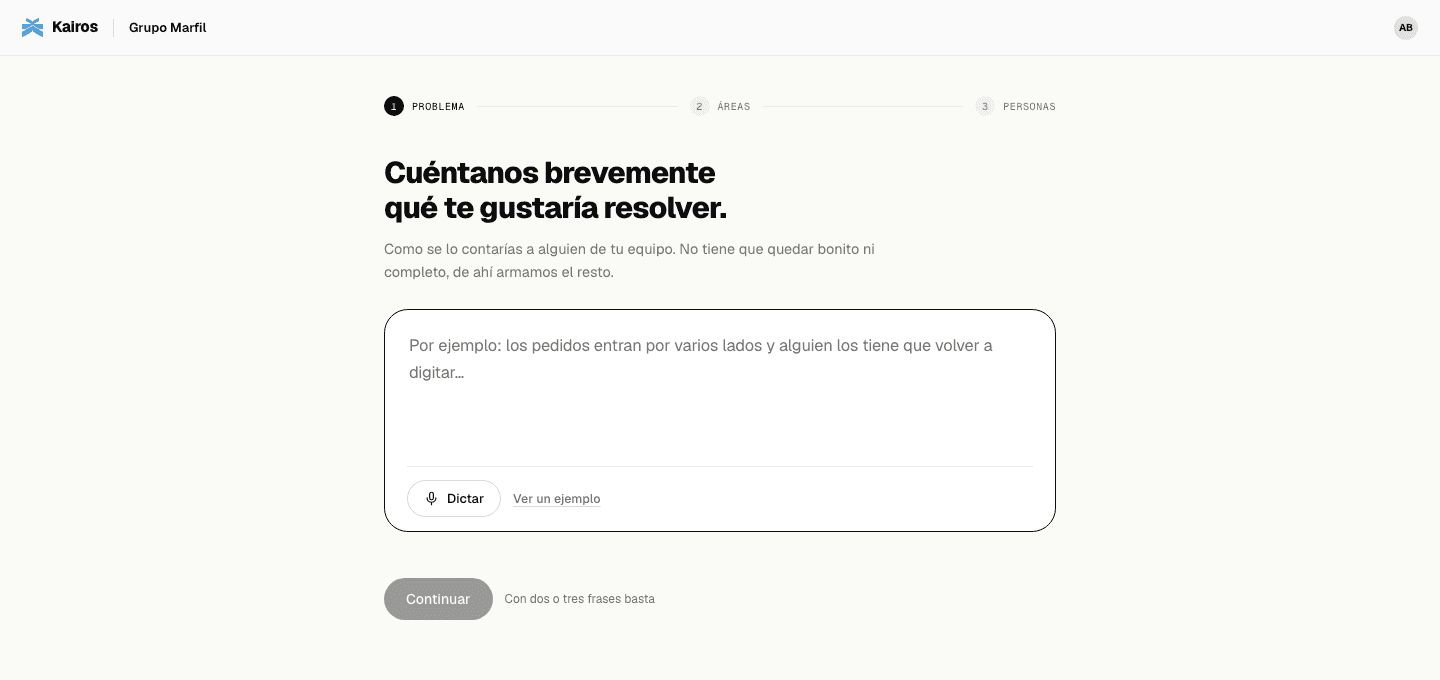 Pantalla de Discovery pidiendo una descripción breve del problema, con los pasos problema, áreas y personas en la parte superior.